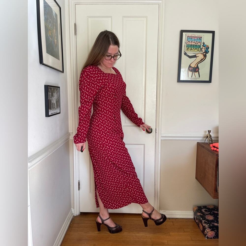 90s does 40s Red Leaf Prairie Dress - Picture 2 of 8